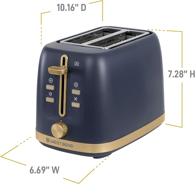 West Bend Timeless 2-Slice Toaster with 7 Browning Levels, Bagel/Waffle/Defrost Settings, High-Lift Lever, Anti-Jam, Easy-Clean Crumb Tray, 2-Slice, Blue/Gold