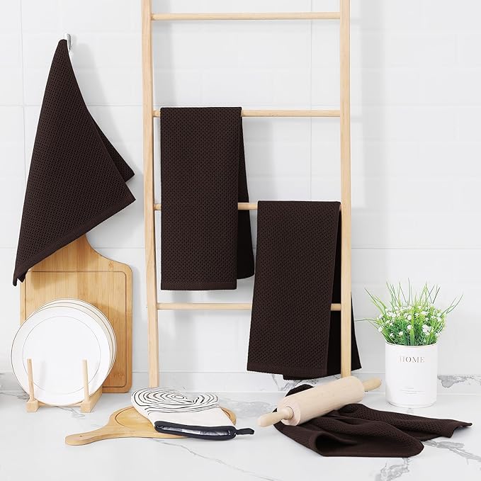 Homaxy 100% Cotton Waffle Weave Kitchen Dish Towels 12-Pack, Dark Brown | 13 x 28 Inches, Ultra Soft Absorbent Dish Towels, Quick Drying Cleaning Towels
