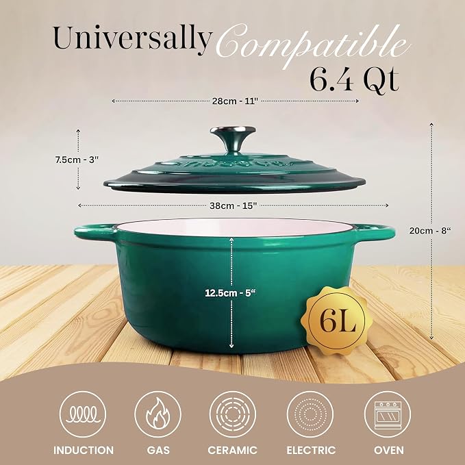 Nuovva Enamelled Cast Iron Dutch Oven Pot with Lid-6.4 Quart Non Stick Casserole Pot-Heavy Duty & Oven Safe up to 500° F for Bread Baking, Braising, Stews, Roasting - 28cm Dark Green