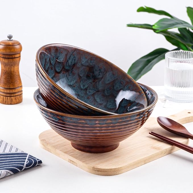 Ceramic Japanese Ramen Bowl Set, 2 Sets Asian Pho Udon Soup Noodle Bowls with Spoons and Chopsticks (Peacock Green, 8 inches)