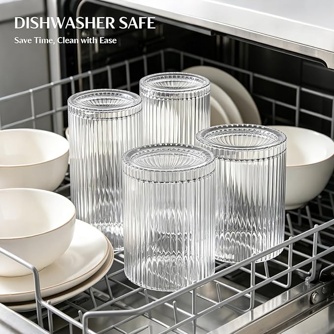 INSETLAN Set of 8 Vintage Glassware - 4 Highball Glasses 12 oz, 4 Rocks Glass Cups 14 oz, Ribbed Glassware Cocktail Glasses, Ideal for Wine, Juice, Water, Ice Coffee Cup, Whiskey, Mixed Drinkware