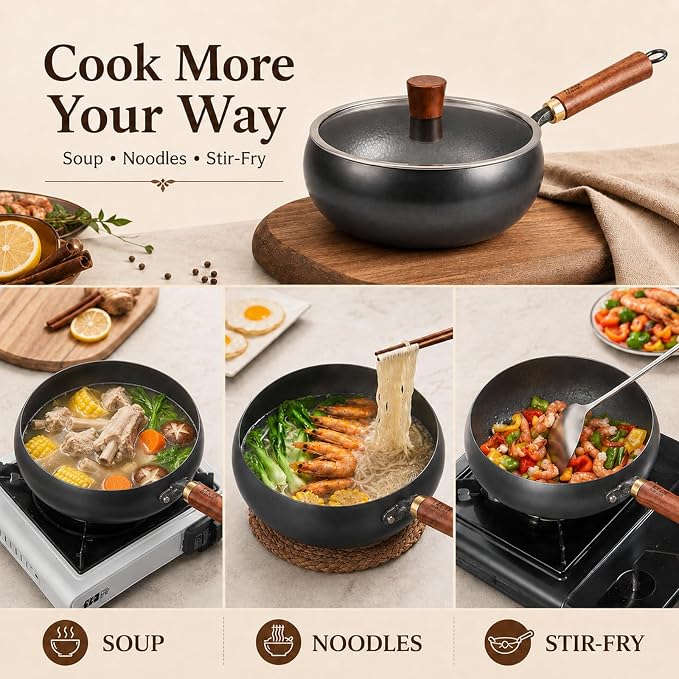 9.4 Inch Carbon Steel Wok with Glass Lid, Big Belly Flat Bottom Stir Fry Pan, Coating-Free Compact Wok Pan for Gas, Electric, Ceramic & Induction, 3.4 QT for 1–3 Servings