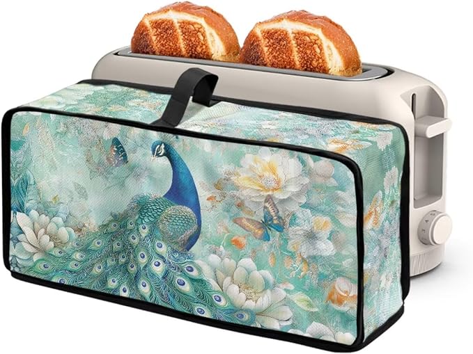 ZDCUSTOM Peacock Toaster Covers 2 Slice Wide Slot, Long Washable Turquoise Floral Toaster Cover Bread Maker Dust Fingerprint Protection Kitchen Appliance Protector