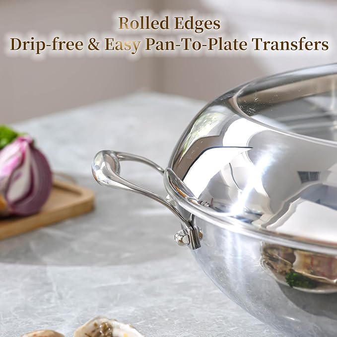 DELARLO Tri-Ply Stainless Steel Wok Pan with Lid 14inch, Healthy Non-Toxic Flat Bottom Induction Wok, Stir Fry Pan for Glass Top Stove Up to 600℉(Not Including Lid