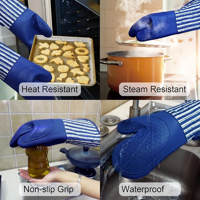 Alselo Silicone Oven Mitts Heat Resistant 932℉ with Waterproof & Non-Slip | Kitchen Mittens Set of 2,Extra Long 7.5"x15" Oven Gloves with Soft Cotton Terry Lining for Baking Cooking BBQ(Cobait Blue,2)