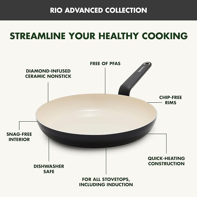 GreenPan Rio Advanced 8" Frying Pan Skillet, Ceramic Nonstick PFAS-Free, Induction Ready, Dishwasher and Oven Safe, Black