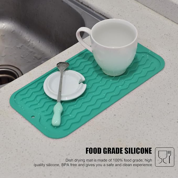 Silicone Dish Drying Mat, Non-Slip Easy Clean Sink Mat, Green, 12" x 6" | Quick-Dry Ridges, Large Heat-resistant Dish Drainer Mat for Kitchen Counter, Hangable & Roll-Up for Storage, Dishwasher Safe