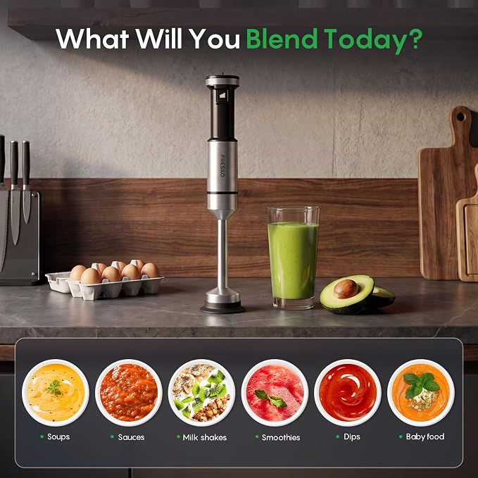 FRESKO Immersion Blender Handheld, Hand Blender with Variable Speed Trigger | Anti-Scratch Stainless Steel Shaft, Stick Mixer for Soups, Shakes, Baby Food & Puree