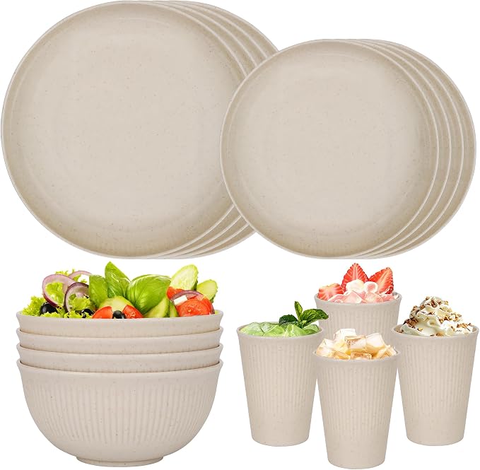 16pcs Wheat Straw Dinnerware Set for 4 People Camping Plates and Bowls Set | Unbreakable Dish Set Reusable Picnic Set, 23cm Plates,20cm Plates, 350ml Cups, 15cm Bowls, Microwave and Dishwasher Safe