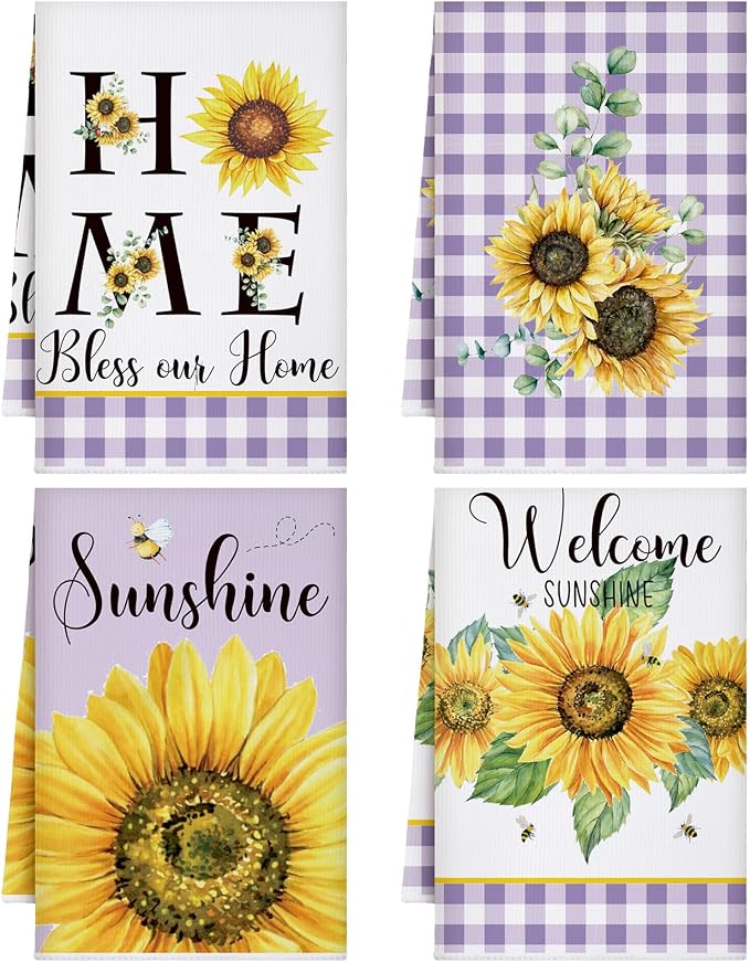 4 Pcs Sunflower Kitchen Towels Purple Plaid Hand Dish Towels | Absorbent Fast Drying Tea Dishcloths Sunshine Lavender Decor Housewarming Gift for Cooking Bathroom Kitchen Decor