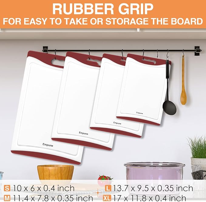 Empune BPA-Free Plastic Cutting Board for Kitchen with Juice Grooves, Extra Large Dishwasher Safe Cutting Boards Set of 4 with Handles, Thick Non-Slip Chopping Board for Meat, Fruit and Chicken, Red