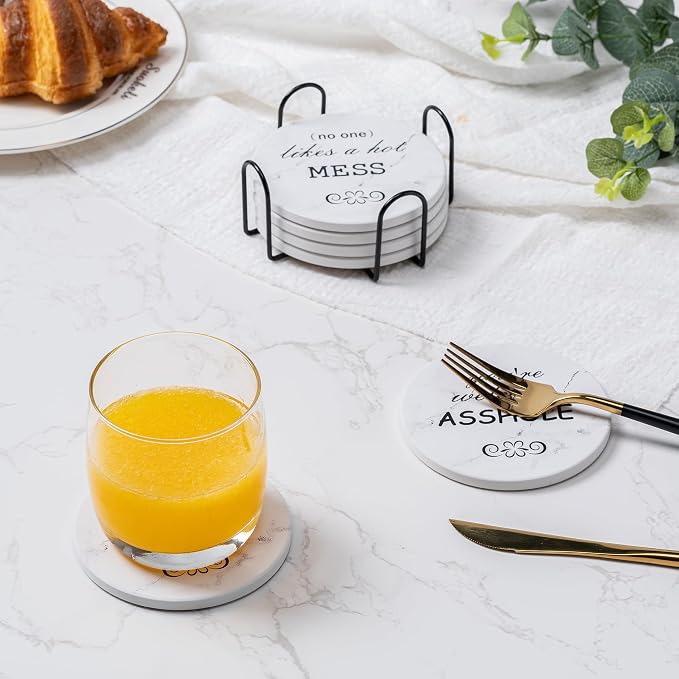 6Pcs Absorbent Coasters Set with Holder,Ceramic Drink Coaster,4 in（A10） | Marble Style Ceramic Drink Coaster,Suitable for Kinds of Cups,Modern Style Coaster for Coffee Table
