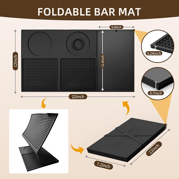 ZJWZLG 22"x12" Trifold Bar Mat with Cutting Board — 3-Zone Bartender Station, Extra Large Silicone Cocktail Mat, Folding Drink Prep Mat for Home Bar, Portable Bartending Accessories, Wipe-Clean(Black)