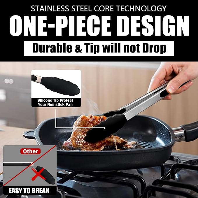 Kitchen Tongs with Silicone Tips, Kitchen Tongs, Cooking Tongs, Premium Stainless Steel Locking Cooking Tongs, Non-Slip Food Tongs for Cooking, Heavy Duty, Non-Stick, 480℉, Set of 3-7"/9"/12" Black