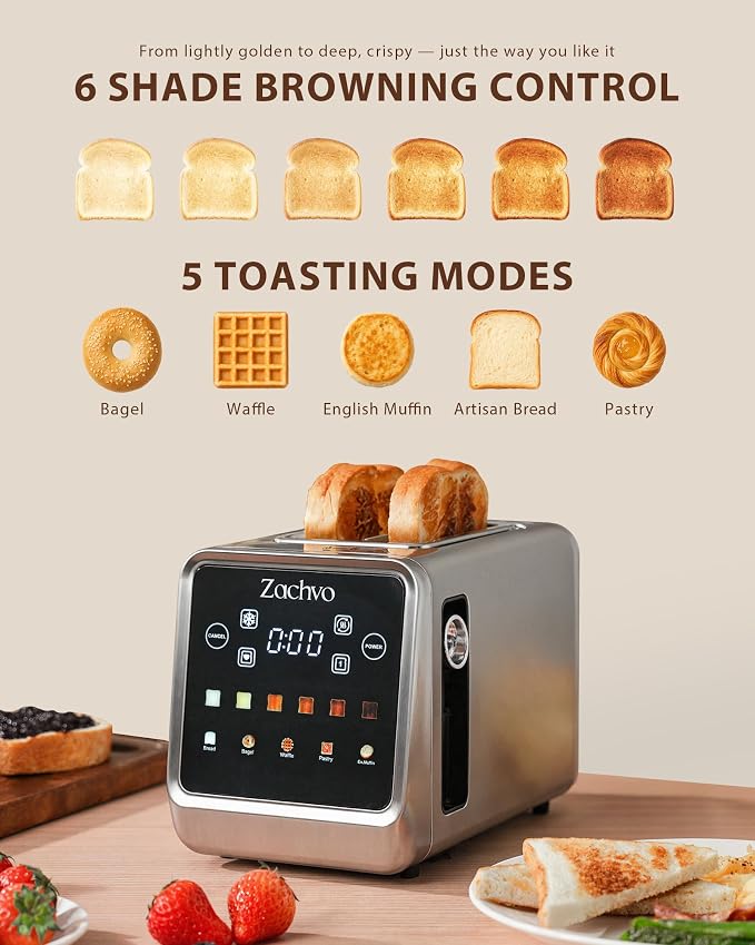 2 Slice Touchscreen Toaster with Digital Countdown & Bagel Mode | 1.5" Wide Slots, Single-Side Toasting, Bread, Waffle & Muffin Presets, Memory, 6 Shade Settings, Defrost & Reheat