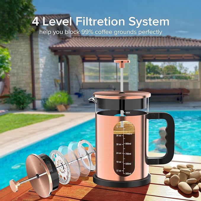 QUQIYSO French Press Coffee Maker 51oz, Stainless Steel Large French Press | Borosilicate Glass Coffee Maker,4 Filter,Coffee Press,Easy to Clean,Perfect for Party Kitchen Camping Travel Gifts(Copper)