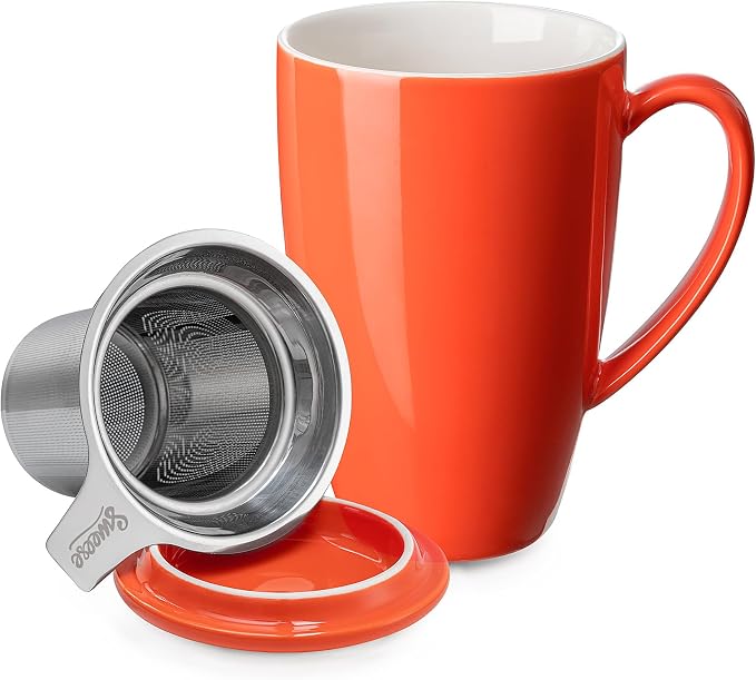 Sweese 15oz Porcelain Tea Mug with Infuser and Lid – Microwave Safe, Ergonomic Handle, Lead-Free Glaze, for Loose Leaf Tea