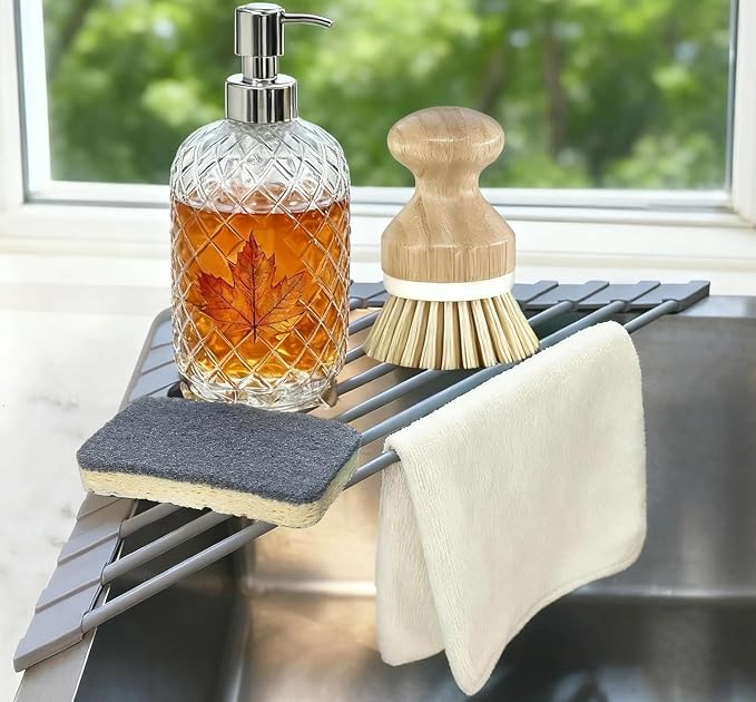 Triangle Roll Up Dish Drying Rack for Sink Corner, Silicone Wrapped Sponge Holder for Kitchen Sink Caddy Organizer Multipurpose Corner Shelf Drainer Mat for RV Kitchen Sink Accessories Counter Storage