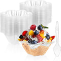 8 oz Plastic Dessert Cups with Spoons, 100ct | Clear Flower Shaped Party Sundae Serving Bowls, Parfait Appetizer Cups for Ice Cream, Nuts, Salad