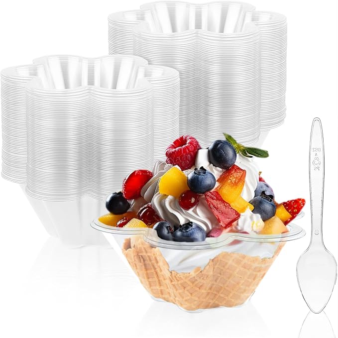 8 oz Plastic Dessert Cups with Spoons, 100ct | Clear Flower Shaped Party Sundae Serving Bowls, Parfait Appetizer Cups for Ice Cream, Nuts, Salad