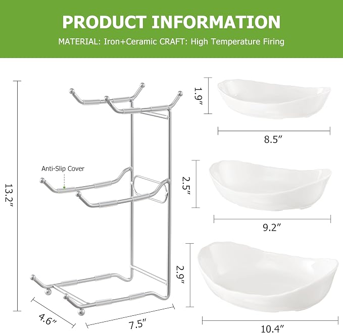 HBlife Fruit Bowl for Kitchen Counter - 3 Tier Ceramic Fruit Bowl Holder with Metal Stand, Tiered Fruit Basket for Fruit and Vegetable Storage, Serving Trays for Party