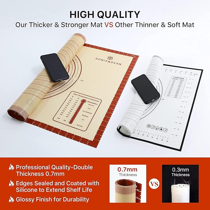 DANIA & DEAN 2 Pack 26"x16" & 11"x16" Extra Thick Silicone Baking Mat Set | Non-Slip & Non-Stick Mat with Measurements, for Pastry, Dough Rolling, Pizza, Sourdough, Counter & Reusable Oven Baking Sheet