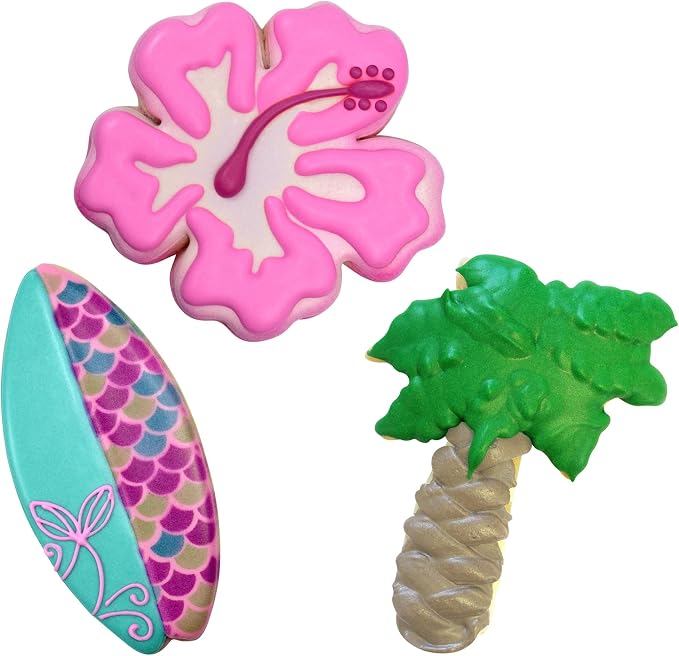 R&M Surf's Up Beach Themed Cookie Cutter 3 Piece Set. Includes Hibiscus Flower, Palm Tree and Surfboard Cookie Cutter.