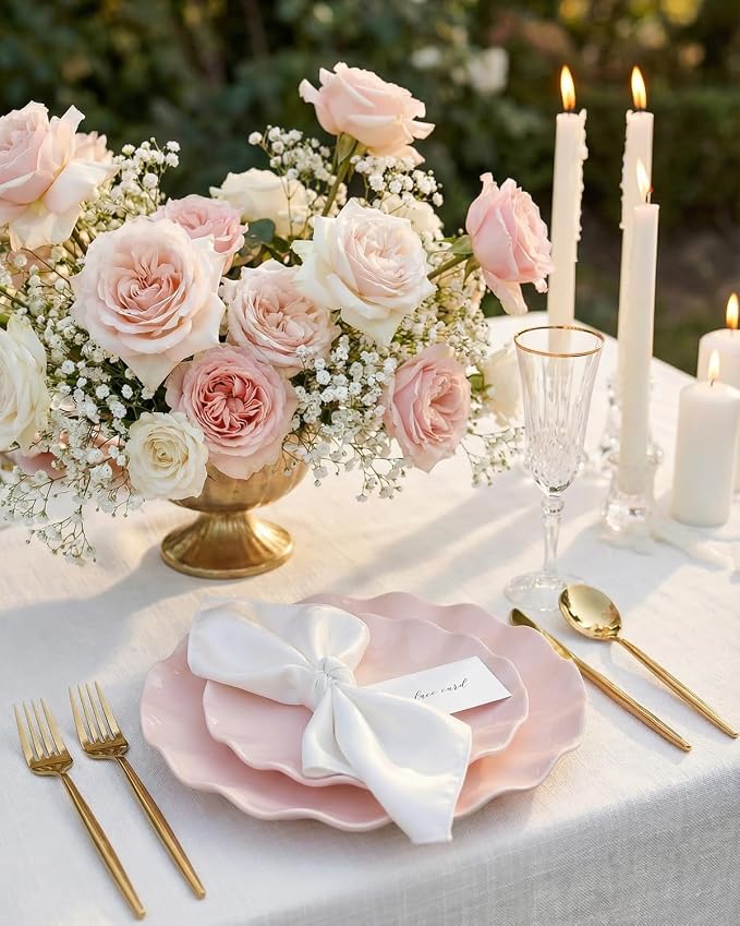 LIYH 24 Pcs Pink Plastic Plates Reusable, Pink Scalloped Plates Durable and Dishwasher Safe, Light Weight Daisy Wavy Plate Parties, Birthday, Picnics, BPA Free(12Guests)