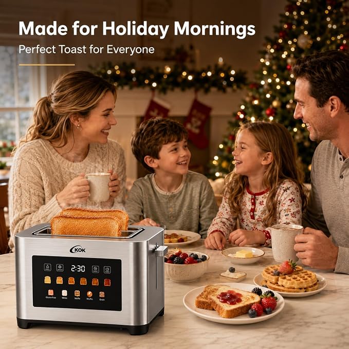 KOK 2 Slice Touch Screen Toaster, Stainless Steel Smart Toaster with 1.6” Extra Wide Slots, 6 Browning Levels & 5 Bread Presets, Digital Timer Defrost Reheat Cancel, Removable Crumb Tray for Kitchen