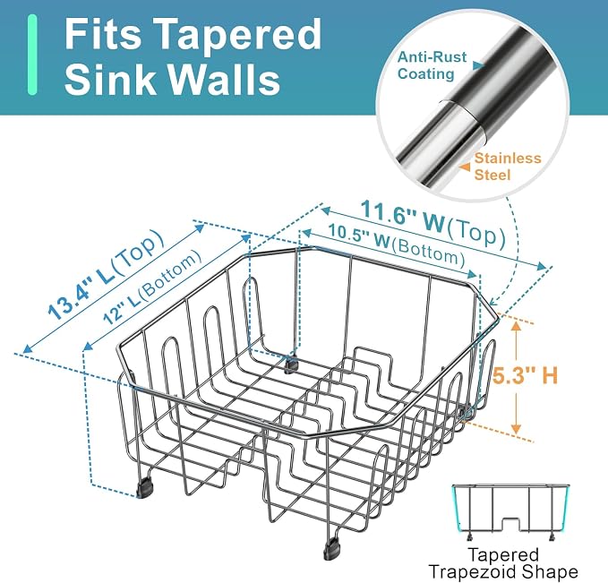 Small in Sink Dish Drying Rack - Stainless Steel for RV Kitchen | Compact Design for Apartments, Angled Corners Fit Square & Round Sinks, Utensil Holder, Cup Hooks, 1-2 Person, 11.6" x 13.4"