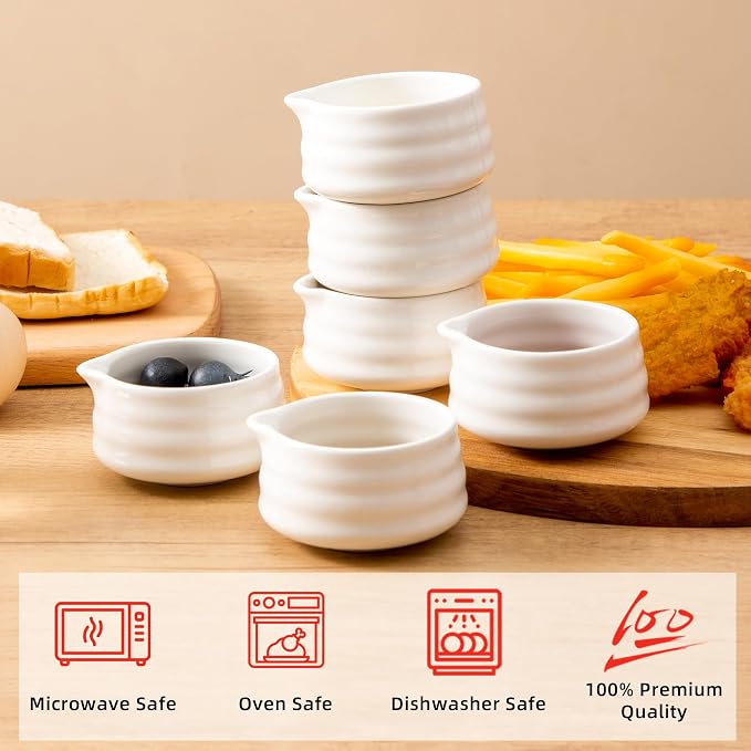 Ceramic Small Sauce Bowls with Spout, White, 3OZ, Set of 6 | Mini Prep Bowls, Small Condiment Dish/Pinch Set for Sushi/Ketchup/BBQ, Dishwasher & Oven Safe, Easy to Clean
