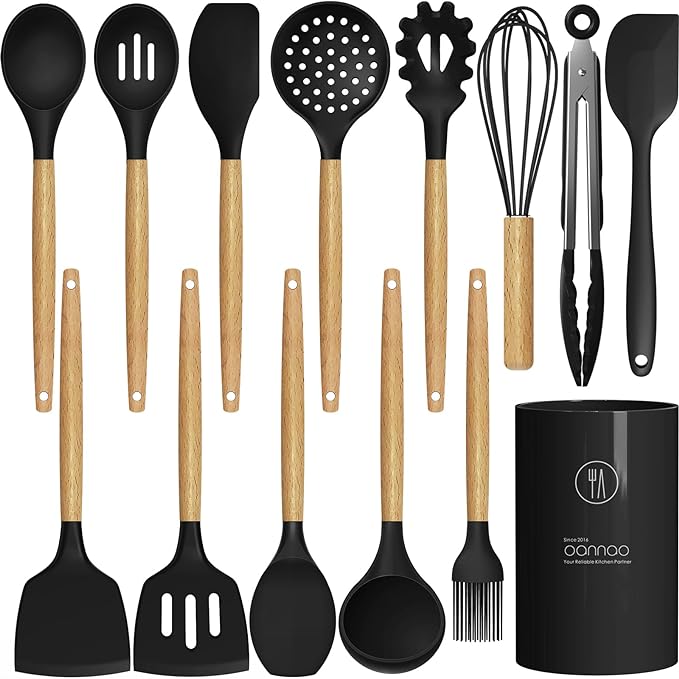 oannao Silicone Cooking Utensils Set Utensil Sets - 446°F Heat Resistant Silicone Kitchen Utensils Set Wooden Handles, Silicone Utensils for Cooking w Holder for Non-Stick Cookware BPA FREE (Black)