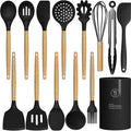 oannao Silicone Cooking Utensils Set Utensil Sets - 446°F Heat Resistant Silicone Kitchen Utensils Set Wooden Handles, Silicone Utensils for Cooking w Holder for Non-Stick Cookware BPA FREE (Black)