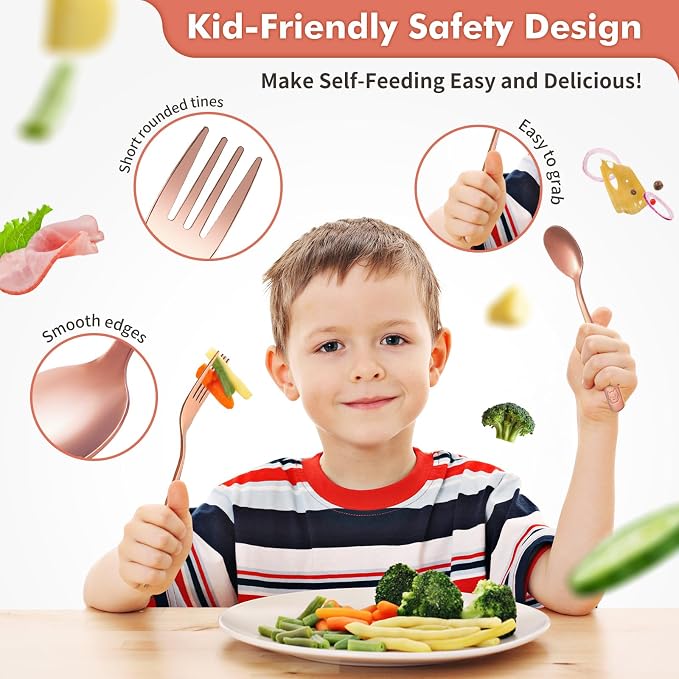 12Pcs Stainless Steel Toddler Utensils Small Metal Kids Silverware | Food-grade, Ideal Transitional Baby Forks and Spoons, Cute pattern, Designed for Children, Dishwasher Safe, Mirror Polished