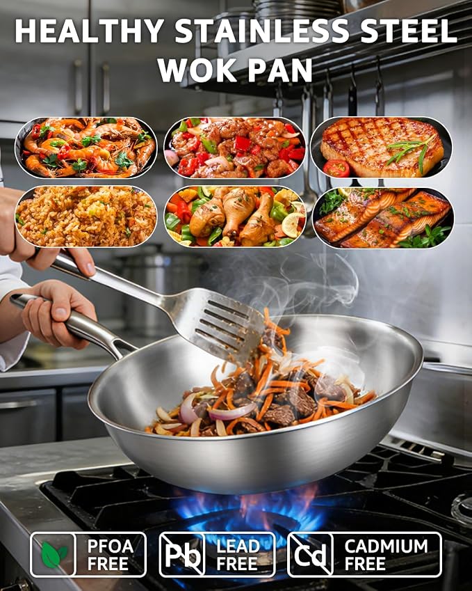 12 Inch Tri-Ply Stainless Steel Wok Pan, Uncoated Wok for Stir Fry | PFOA/PFOS Free, Heavy-Gauge Flat Bottomed Cookware, Suitable for Induction & Electric Stoves, Detachable Handle