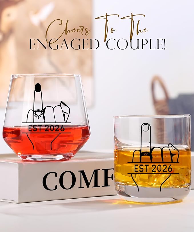 comfit Engagement Gifts for Couples 2026 - Bridal Shower Gift - Valentine's Day,Wedding Gifts for Couples, His and Hers, Newlywed - Wine&Whiskey Glass for Mr and Mrs