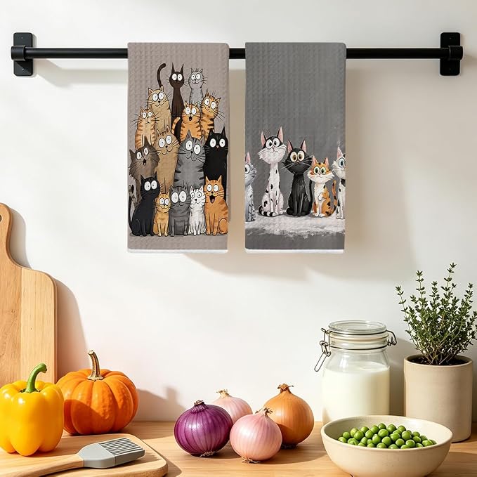Jztco 2 Pcs Cute Cat Kitchen Towels, Cats Gifts Absorbent Hand Tea Towel