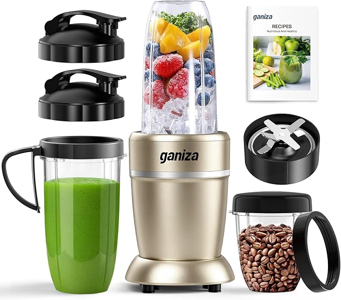 Ganiza Smoothie Blender Max 1300W, Personal Kitchen Blender & Grinder Combo | 23 oz, (2) 37 oz To-Go Cups, 6-Leaf Blade, Portable Maker for Smoothies, Shakes, Frozen Drinks, Sauces, Coffee Beans, Nuts