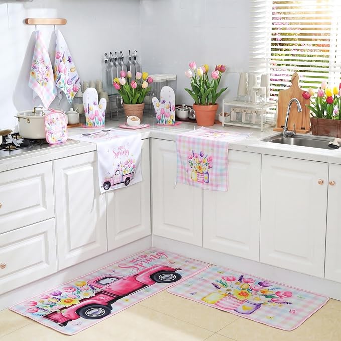 Fourluoo 10 Pcs Spring Flower Farmhouse Kitchen Decor Set Dish Towels Kitchen Rugs Oven Mitts and Pot Holders Set for Cooking Baking Grilling Women Mom Daughter Gift(Vibrant Color)