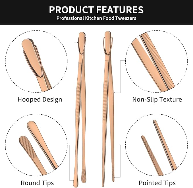 DEHOV 12 Inch Stainless Steel Kitchen Tongs For Cooking Tweezers, Rose Gold Metal Long Food Tweezers, BBQ Grilling Tongs For Spaghetti