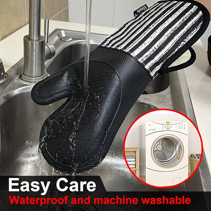 Alselo Silicone Oven Mitts Heat Resistant 932℉ with Waterproof & Non-Slip | Kitchen Mittens Set of 2,Extra Long 7.5"x15" Oven Gloves with Soft Cotton Terry Lining for Baking Cooking BBQ(Black,2)