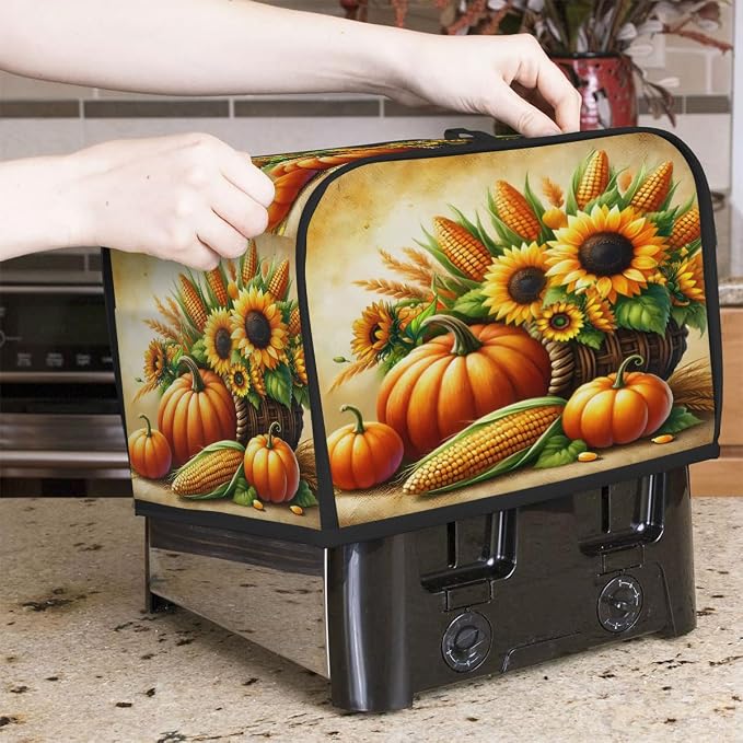 2 Slice Toaster Cover Autumn Fall Sunflower Pumpkin Toaster Covers Two Slice Wide Slot Waterproof and Dustproof Covers for Wide Slot Toasters and Small Appliances Kitchen Decor Gifts