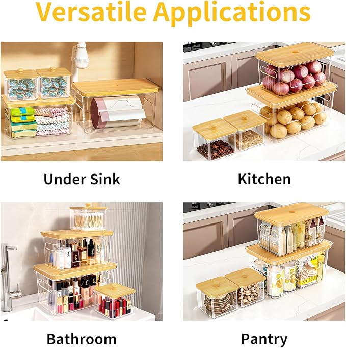 FELIZHOUSE 4 Pack Trash Bag Holder with Bamboo Lid, Stackable Garbage Bag Dispenser Under Sink, Storage Organizer for Kitchen, Laundry, Pantry (S+S+M+L)