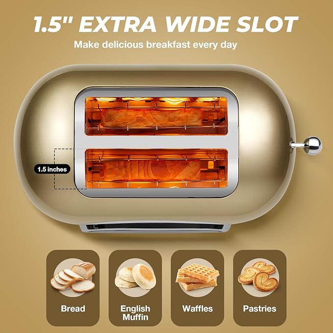 Roter Mond Smart 2 Slice Toaster, Touchscreen, Bagel Defrost, Gold | Retro stainless steel, digital timer & sleep mode, 6 bread types & shades, defrost/reheat/cancel,even toasting wide slots