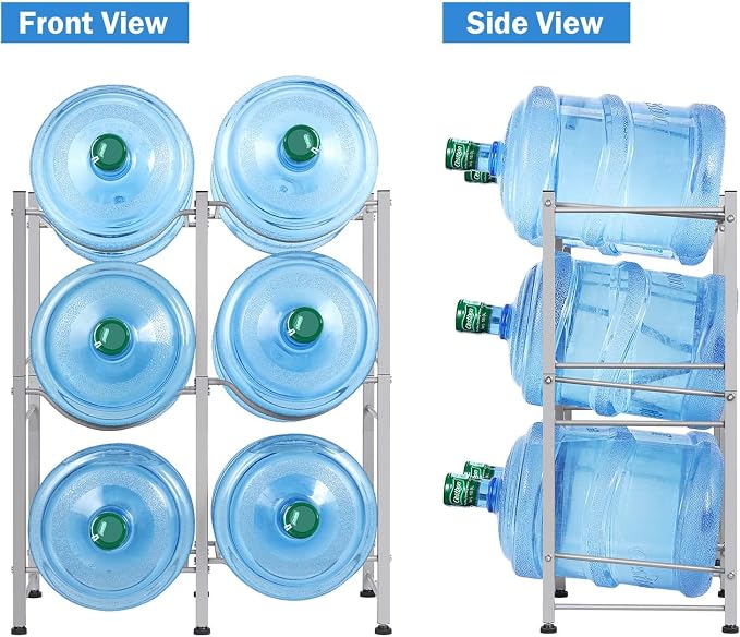LIANTRAL 5 Gallon Water Bottle Holder, 3 Tiers Silver Double Row Water Rack | Heavy Duty Water Cooler Jug Rack with 6 Slots for Home Kitchen