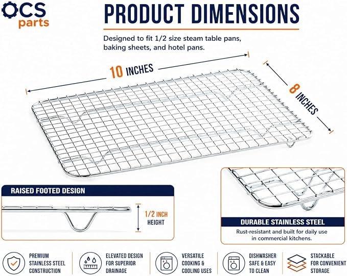 OCS Parts 3-Pack 8" x 10" Stainless Steel Pan Grates | Footed Cooling Pan Grate for 1/2 Size Steam Tables, Baking, and Hotel Pans