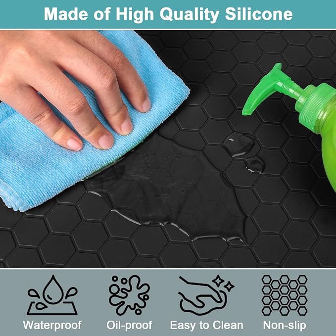 Under Sink Mat 28" x 22", Silicone Under Kitchen Sink Mat, Waterproof Under Sink Protector Mat, Shelf Liners Cabinet Liner for Kitchen and Bathroom, Black