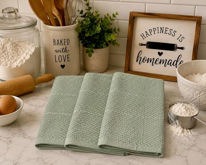 Sage Green Kitchen Hand Dish Towels, Set of 3, 100% Cotton, 18" x 28" | Terry Loop Textured, Soft & Absorbent Cleaning Cloth, Quick Dry, Multipurpose for Everyday Use