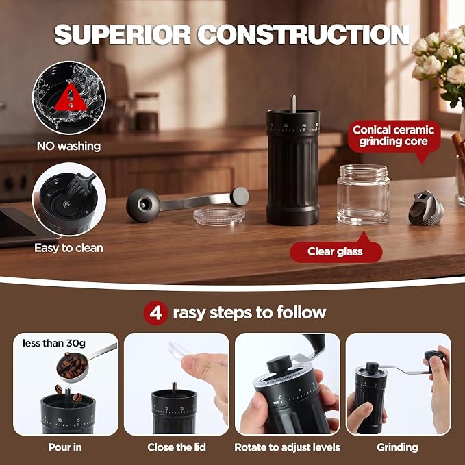 Manual Coffee Grinder, 40 Adjustable Grind Settings Ceramic Burr Hand Coffee Bean Grinder, Portable Small Coffee Grinder for Espresso, French Press, Pour Over, Travel, Office, Camping, Black