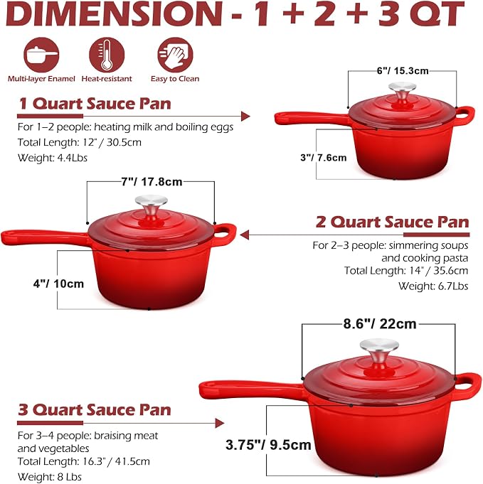 Leonyo 1&2&3Qt Enamel Cast Iron Saucepan Set, Dutch Oven Cookware Kit, Red | For All Cooktops Cooking Pasta, Milk, Oatmeal - Up to 500°F & Nonstick